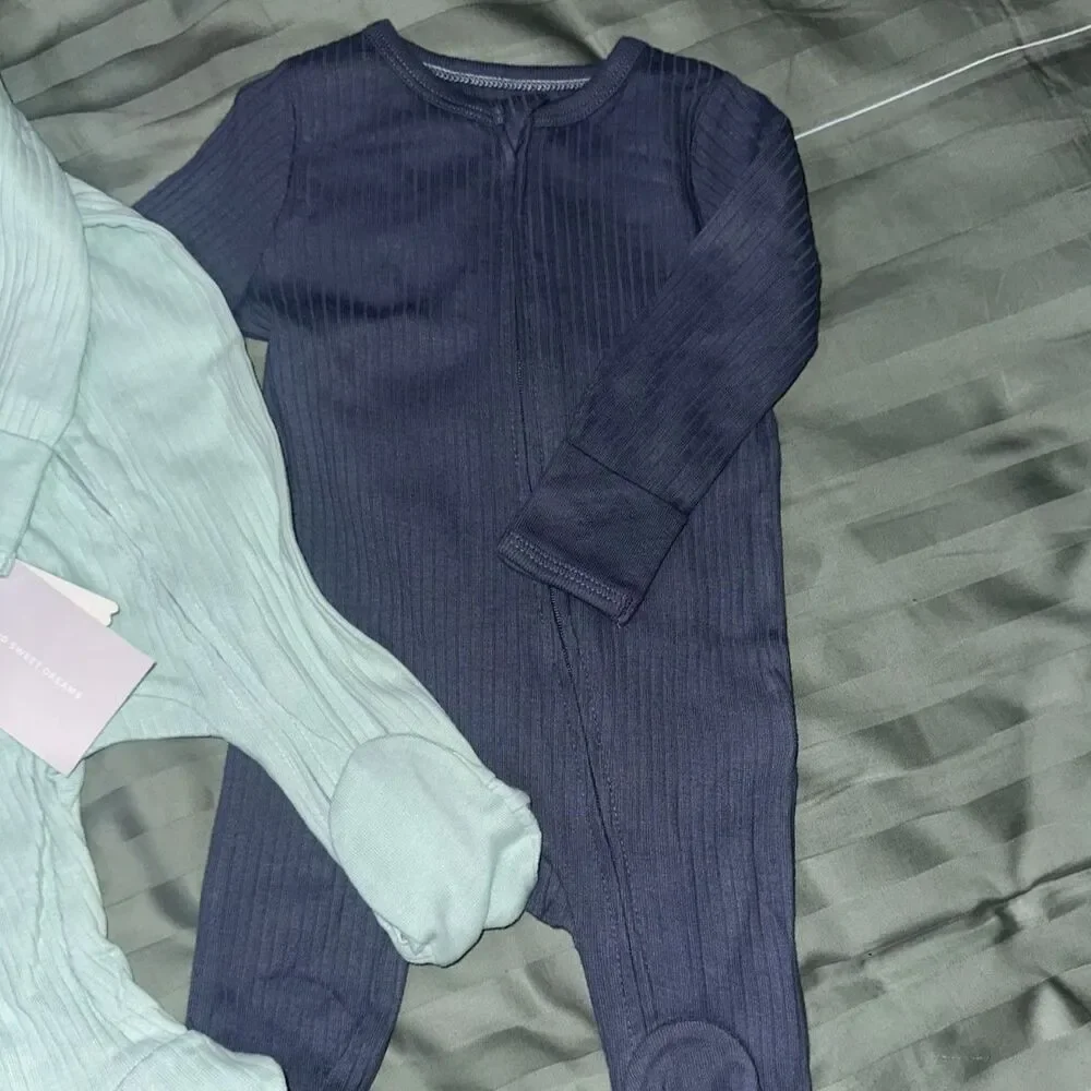 Baby 0-3M 2-Pack Footed Sleepers Blue Green Long Sleeve One-Piece NWT